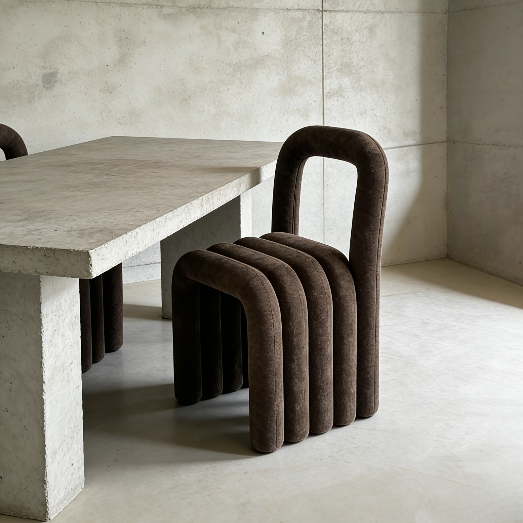 Modern dining table with brown upholstered chairs in a minimalistic room.