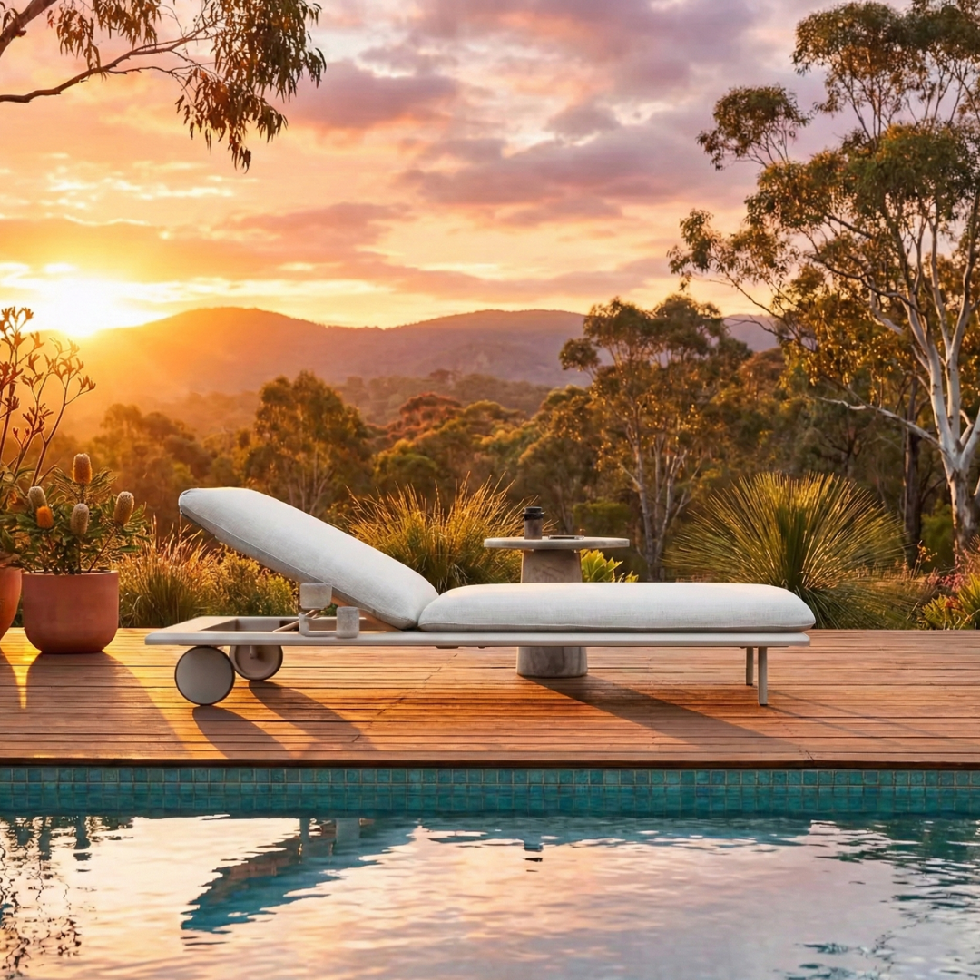 Sun Lounge with Side Table & Wheels - Grey and White