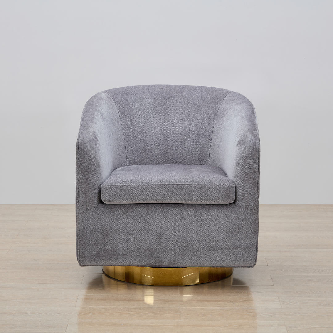 Charlotte Tub Swivel Armchair Grey Front On View in a Timber Room