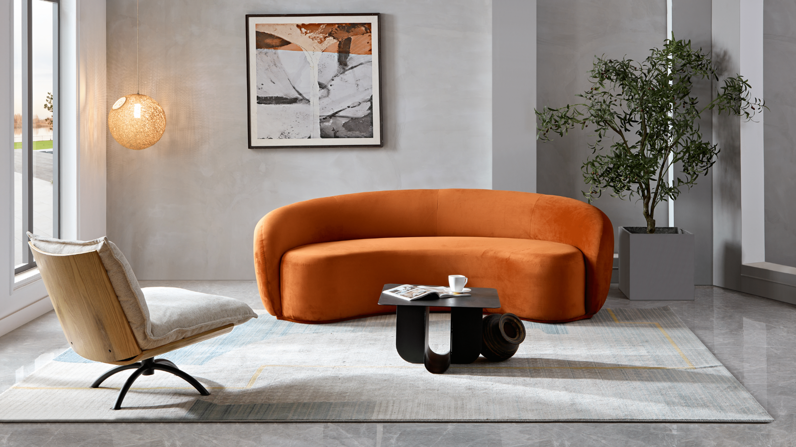 Curvo 3 Seater Velvet Sofa - Burnt Orange BUBULAND HOME