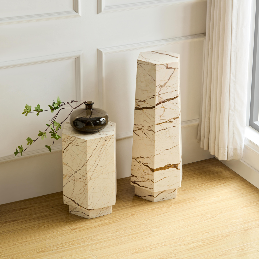 Elliot Hexagonal Marble Plinth - Brown Vein - Short BUBULAND HOME