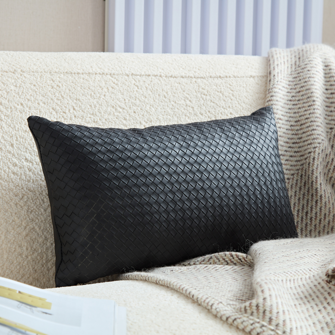 Flex Black Premium Faux Leather Cushion with Woven Texture - Rectangle BUBULAND HOME
