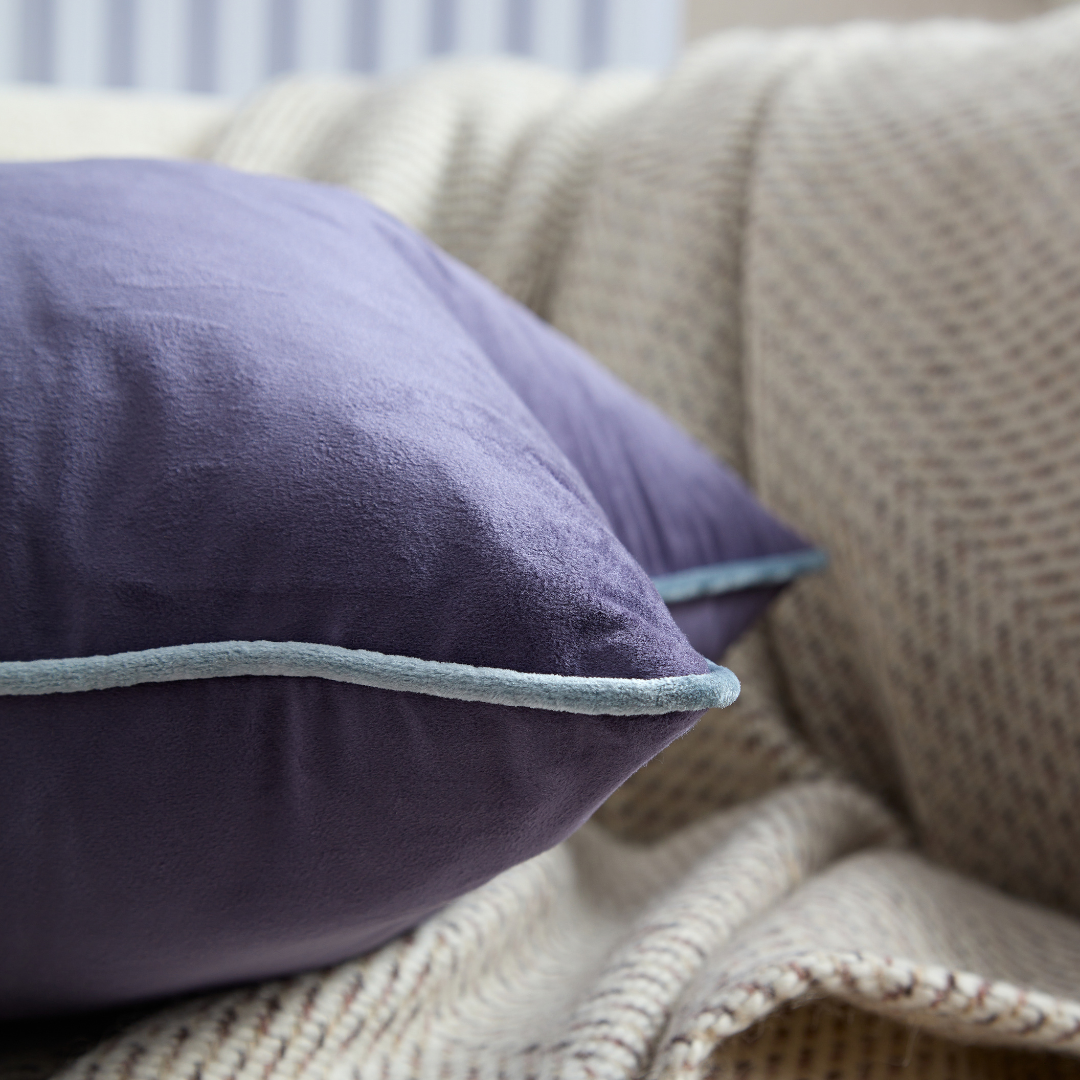 Flex Purple Premium Velvet Cushion with Light Blue Piping - Square - BUBULAND HOME