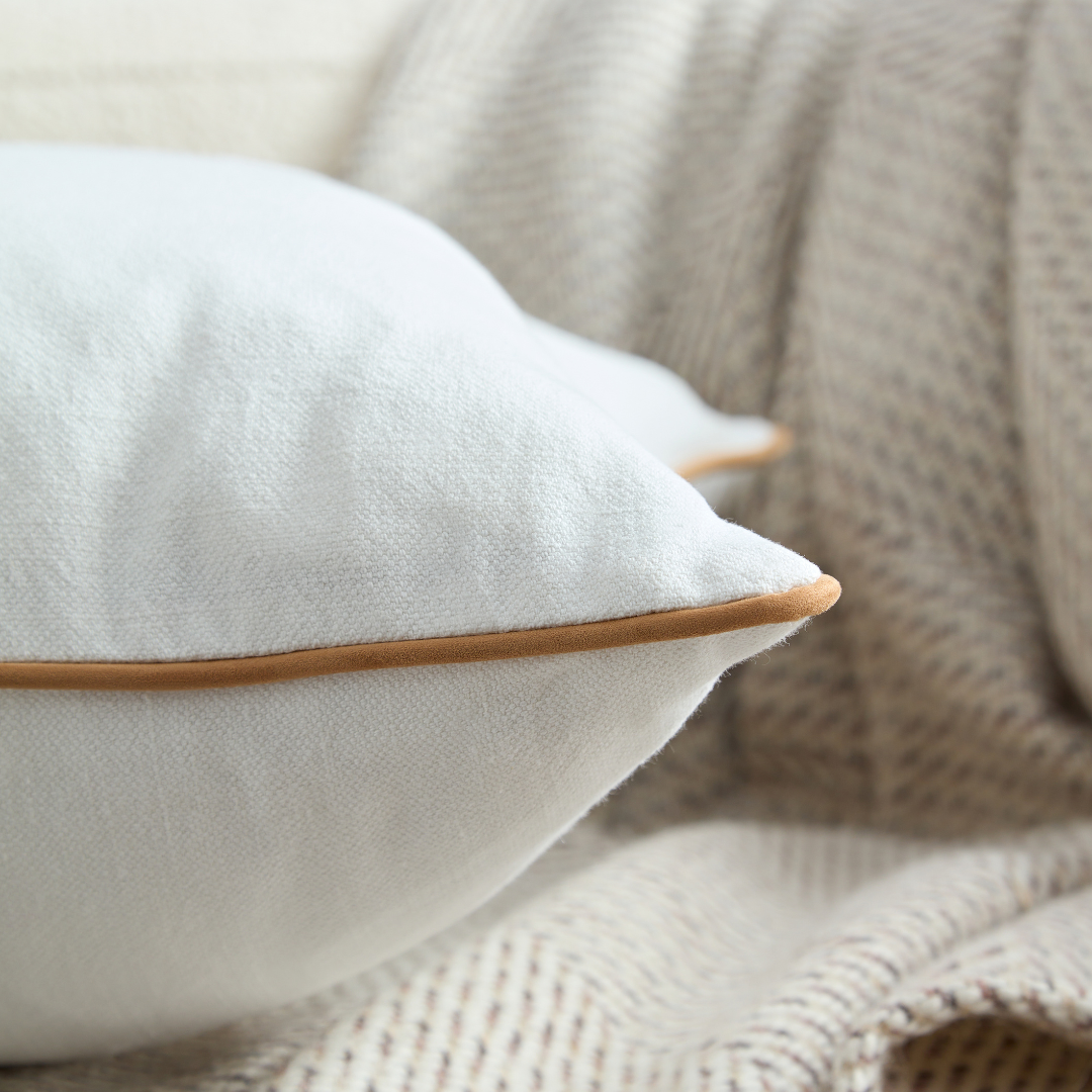 Flex White Premium Linen Cushion with Caramel Piping - Square - BUBULAND HOME