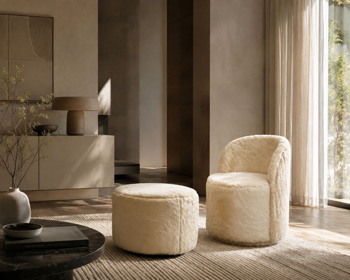 A modern cream-colored sheepskin armchair and matching round ottoman in a minimalist, warm-toned living room setting.