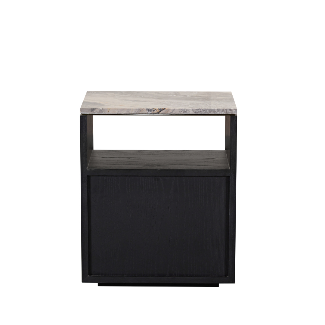 Marro Black Timber Side Table with Brown/Grey Marble Top BUBULAND HOME