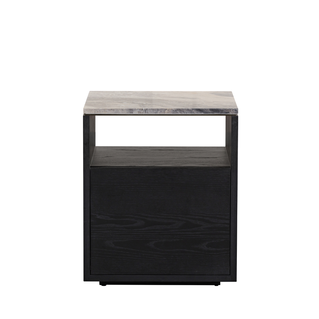 Marro Black Timber Side Table with Brown/Grey Marble Top BUBULAND HOME