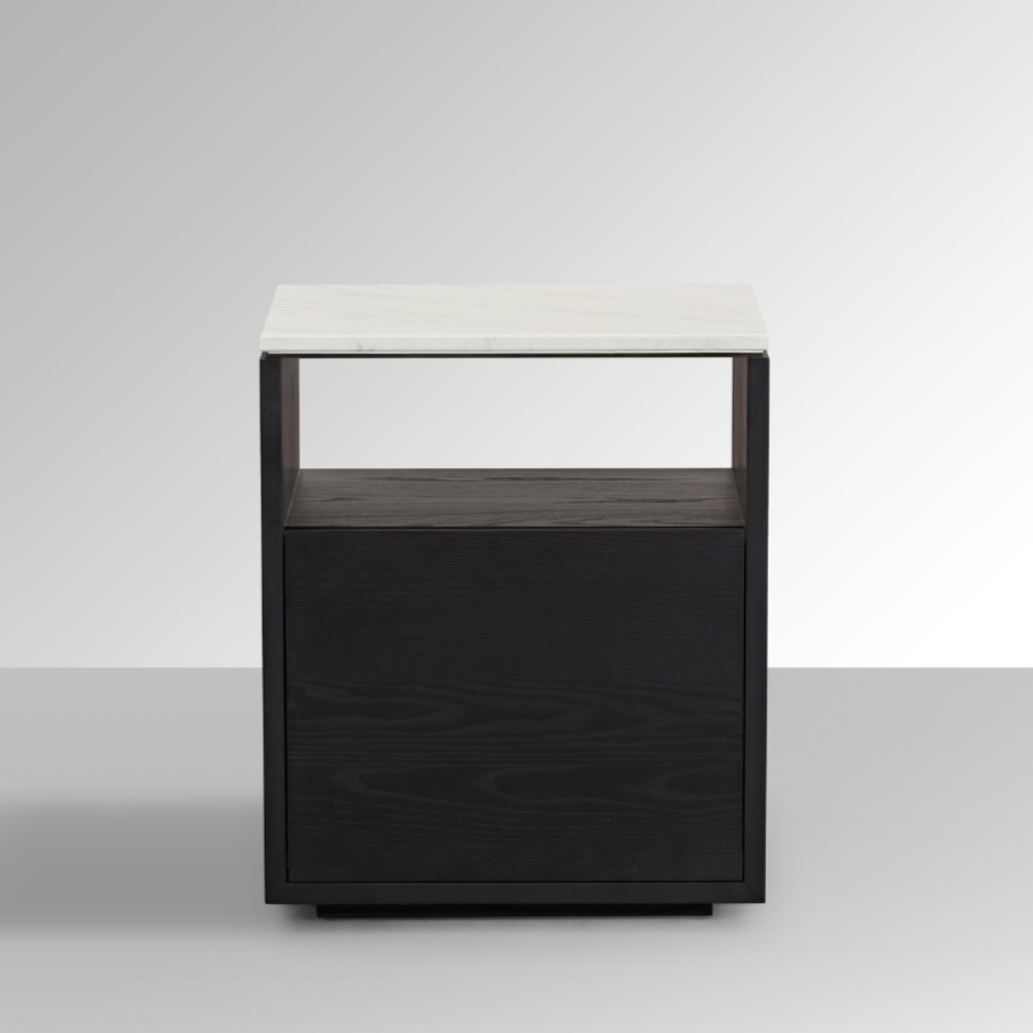 Marro Black Timber Side Table with White/Grey Marble Top BUBULAND HOME
