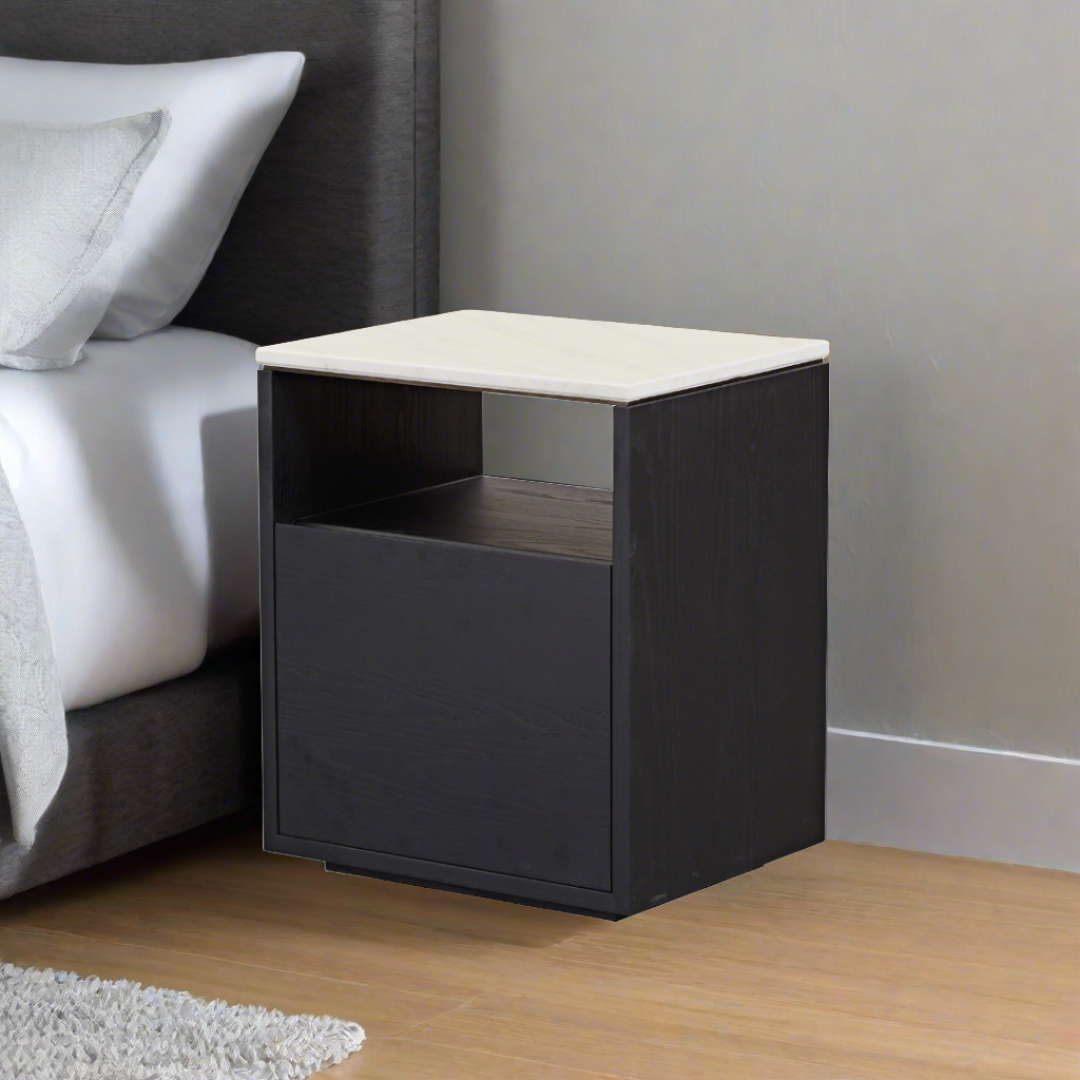 Marro Black Timber Side Table with White/Grey Marble Top BUBULAND HOME