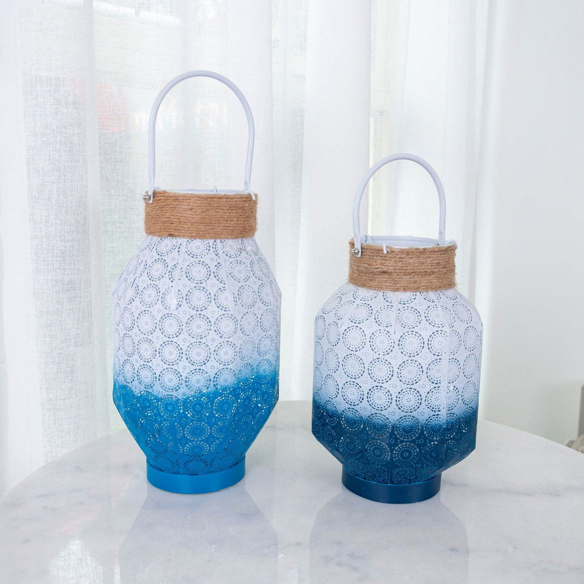 Summer Beach Lantern - Light Blue and Navy - Homewares White/Light Blue BUBULAND HOME