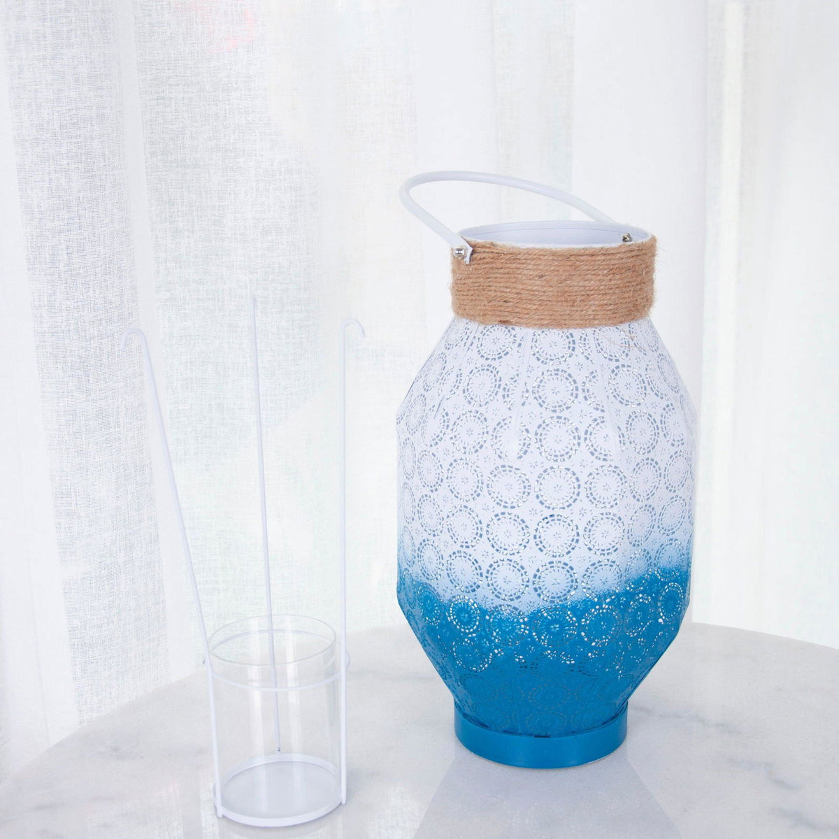 Summer Beach Lantern - Light Blue and Navy - Homewares White/Light Blue BUBULAND HOME