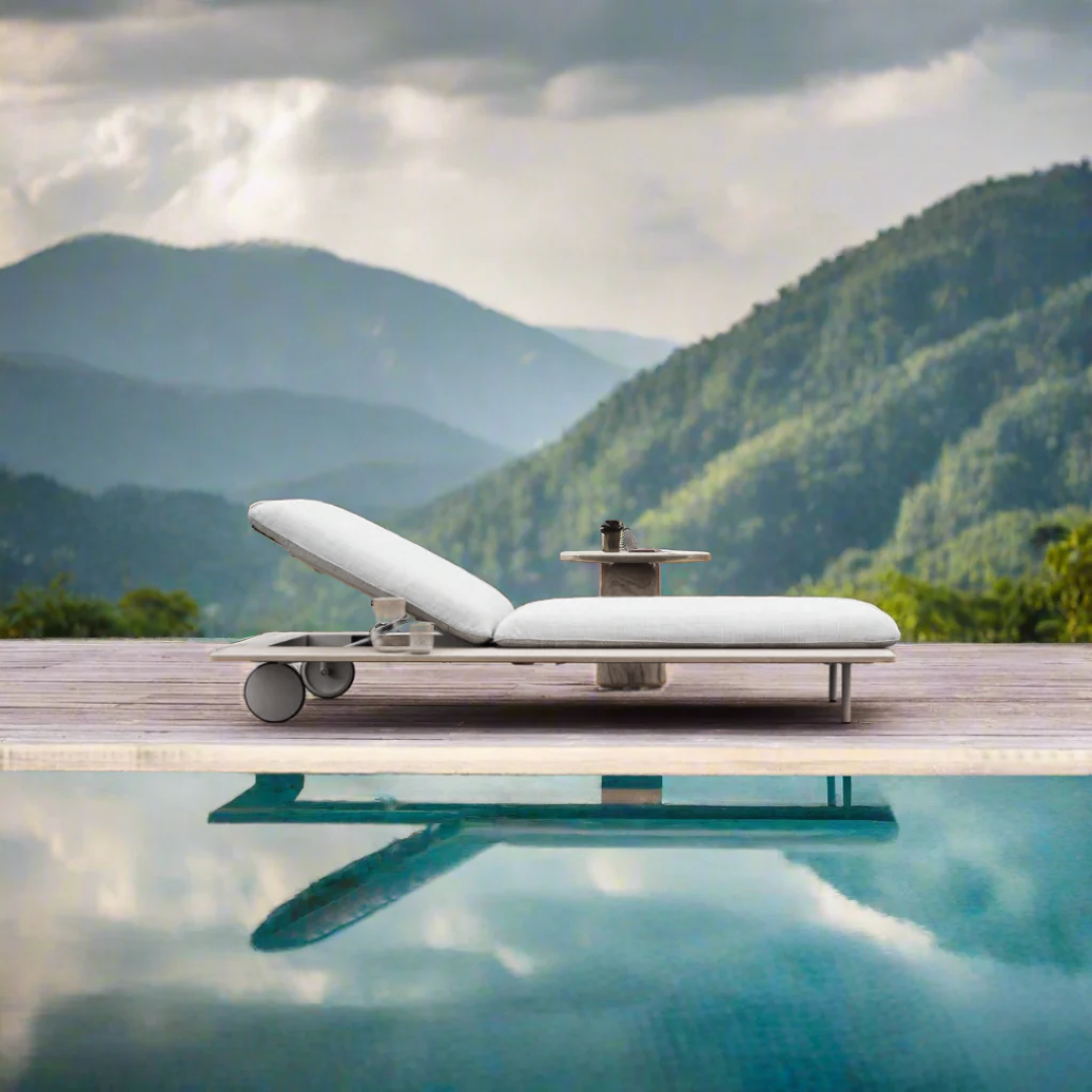 Sun Lounge with Side Table & Wheels - Grey and White - Sunloungers Default Title BUBULAND HOME