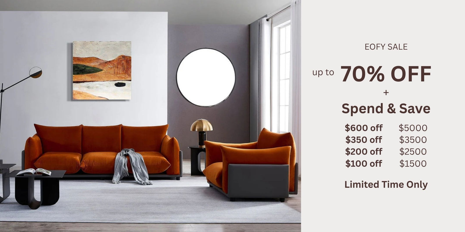 Modern living room with orange sofa and chair, promotional text for sale on the right.