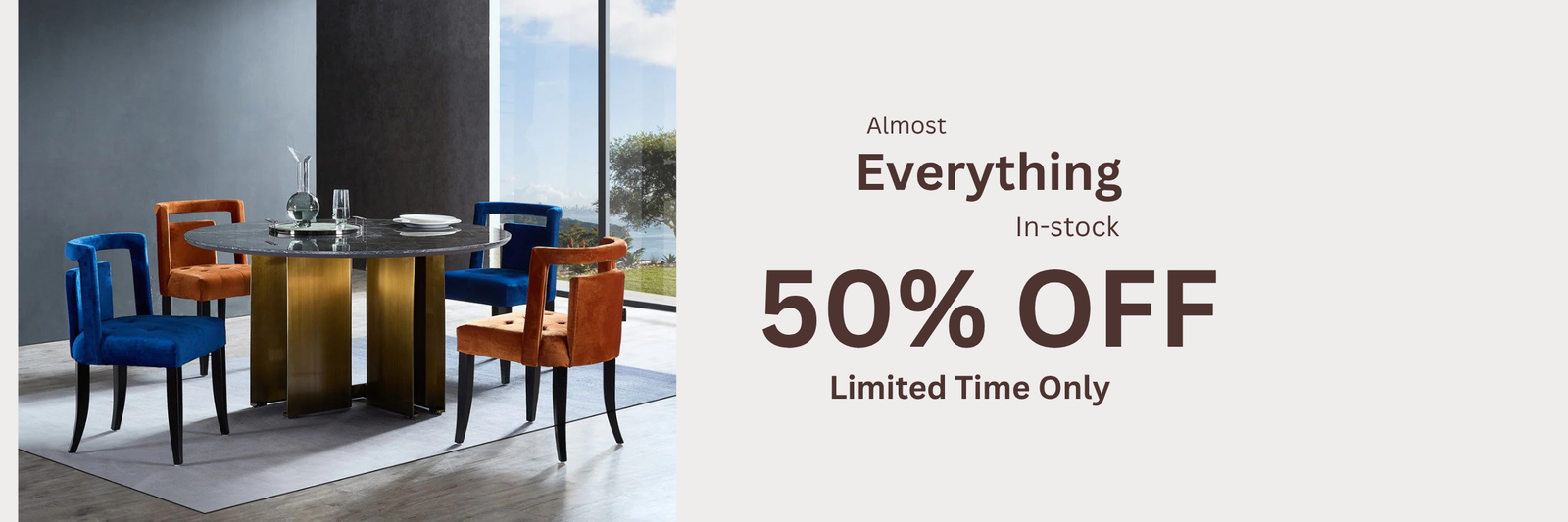 Dining room set with colorful chairs and a table, promotional text for 50% off sale on a white background.