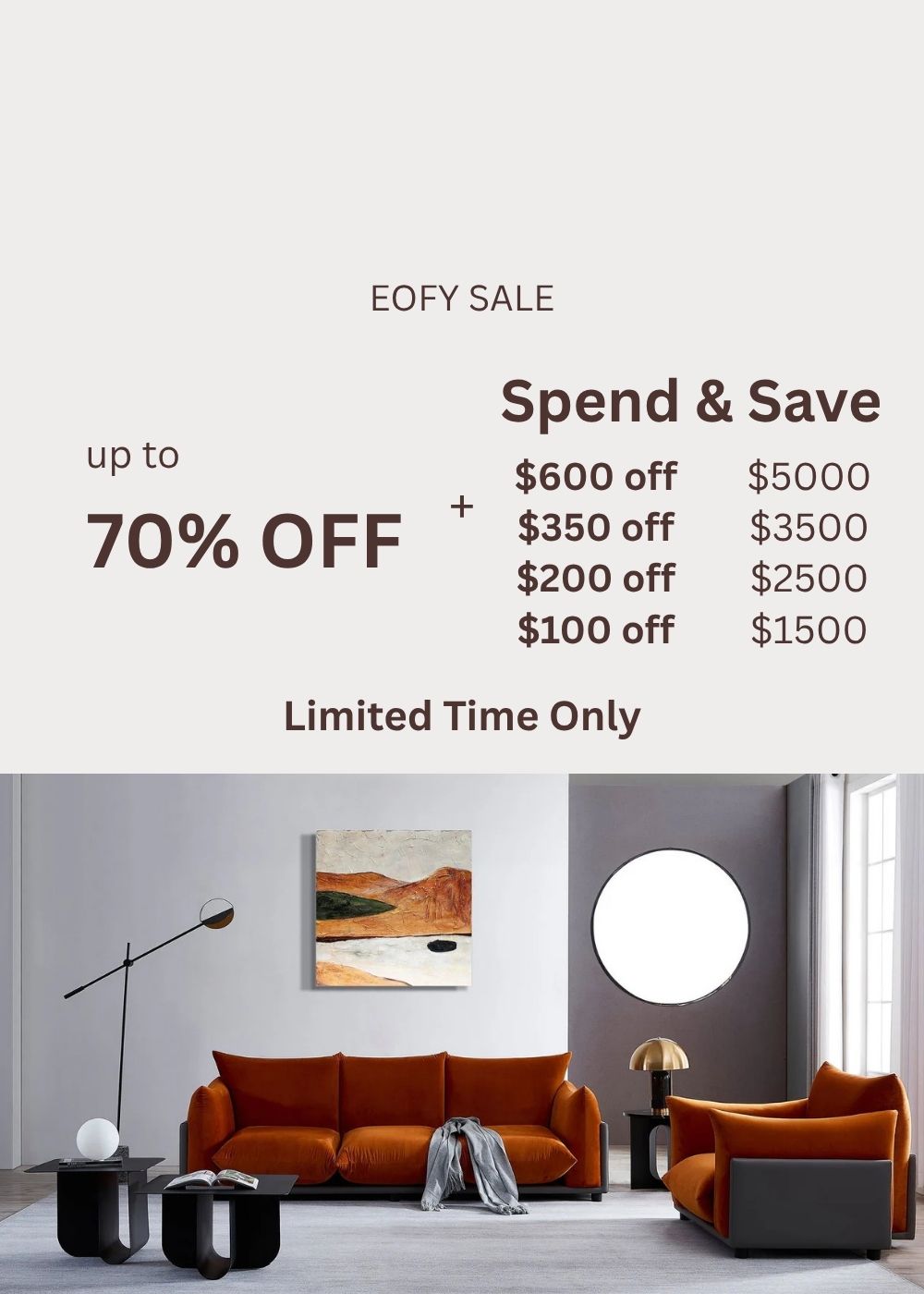 Modern living room with furniture and a promotional banner for an EOFY sale with discount amounts.