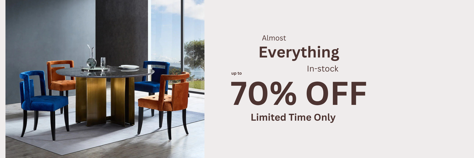 Dining room set with chairs and table, promotional banner for 70% off sale.