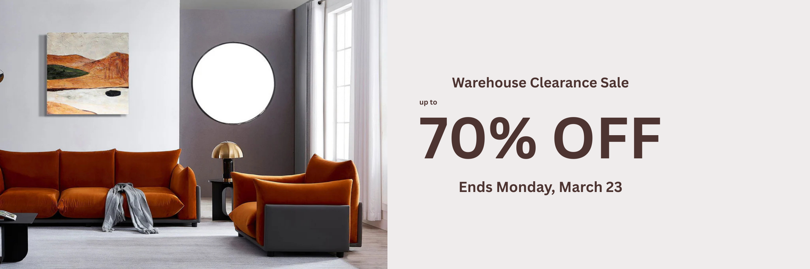 Living room with orange sofa and gray armchair, featuring a warehouse clearance sale banner.