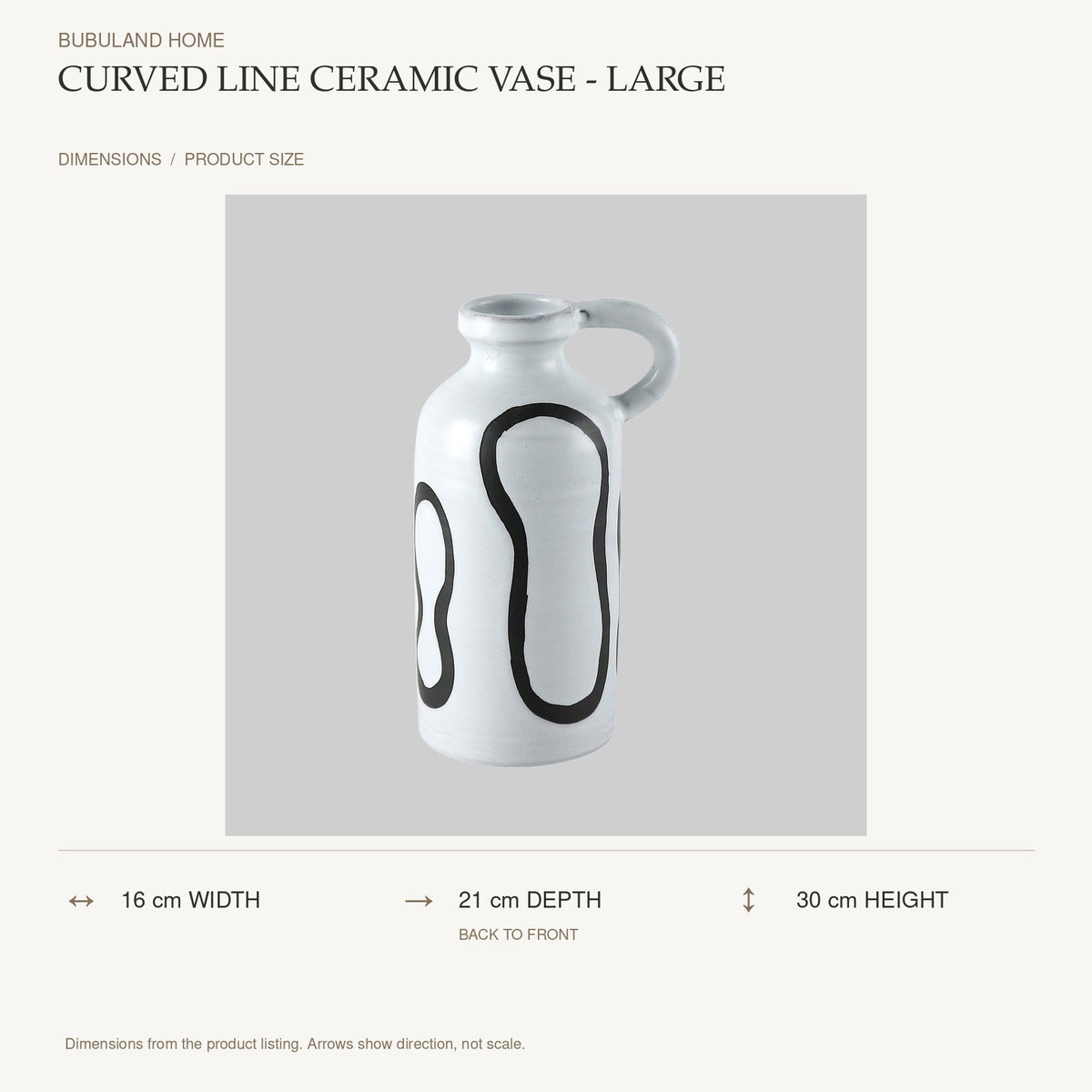 Curved Line Ceramic Vase - Large dimensions: 16 cm width, 21 cm depth, 30 cm height; depth is measured back to front