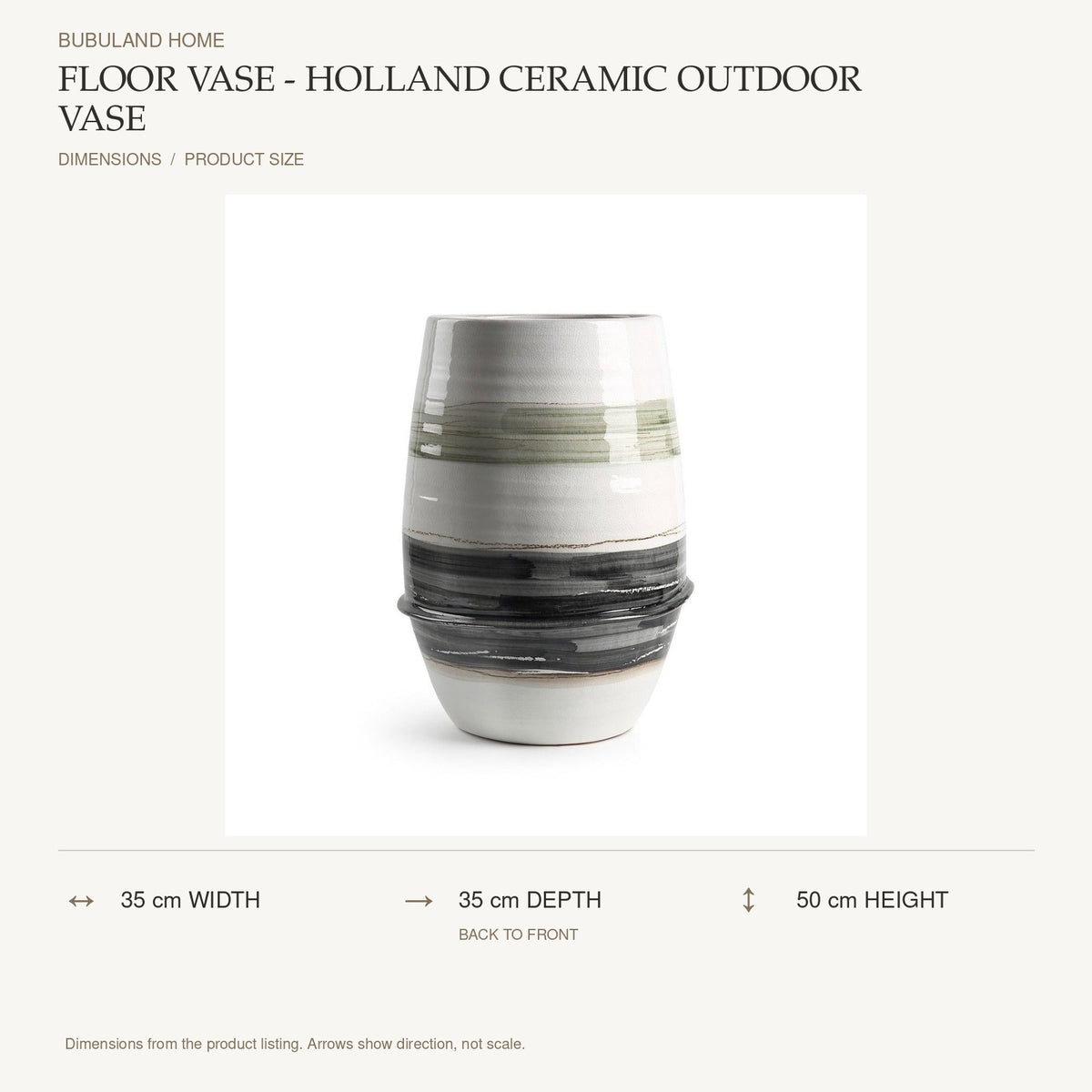 Floor Vase - Holland Ceramic Outdoor Vase dimensions: 35 cm width, 35 cm depth, 50 cm height; depth is measured back to front