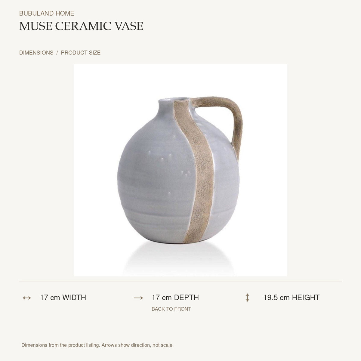 Muse Ceramic Vase dimensions: 17 cm width, 17 cm depth, 19.5 cm height; depth is measured back to front