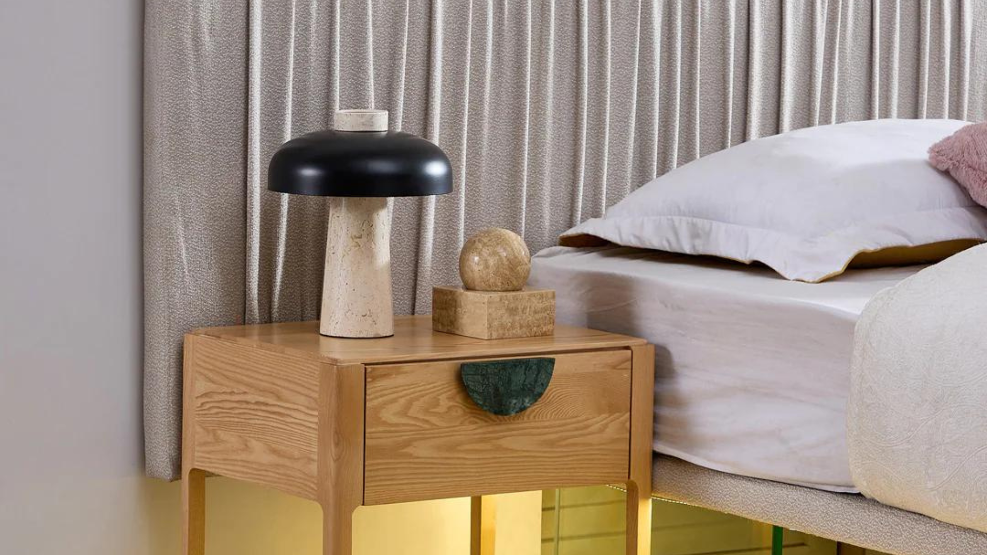 Sahara lamp with Pearl Marble Travertine Sculpture in Bedroom setting