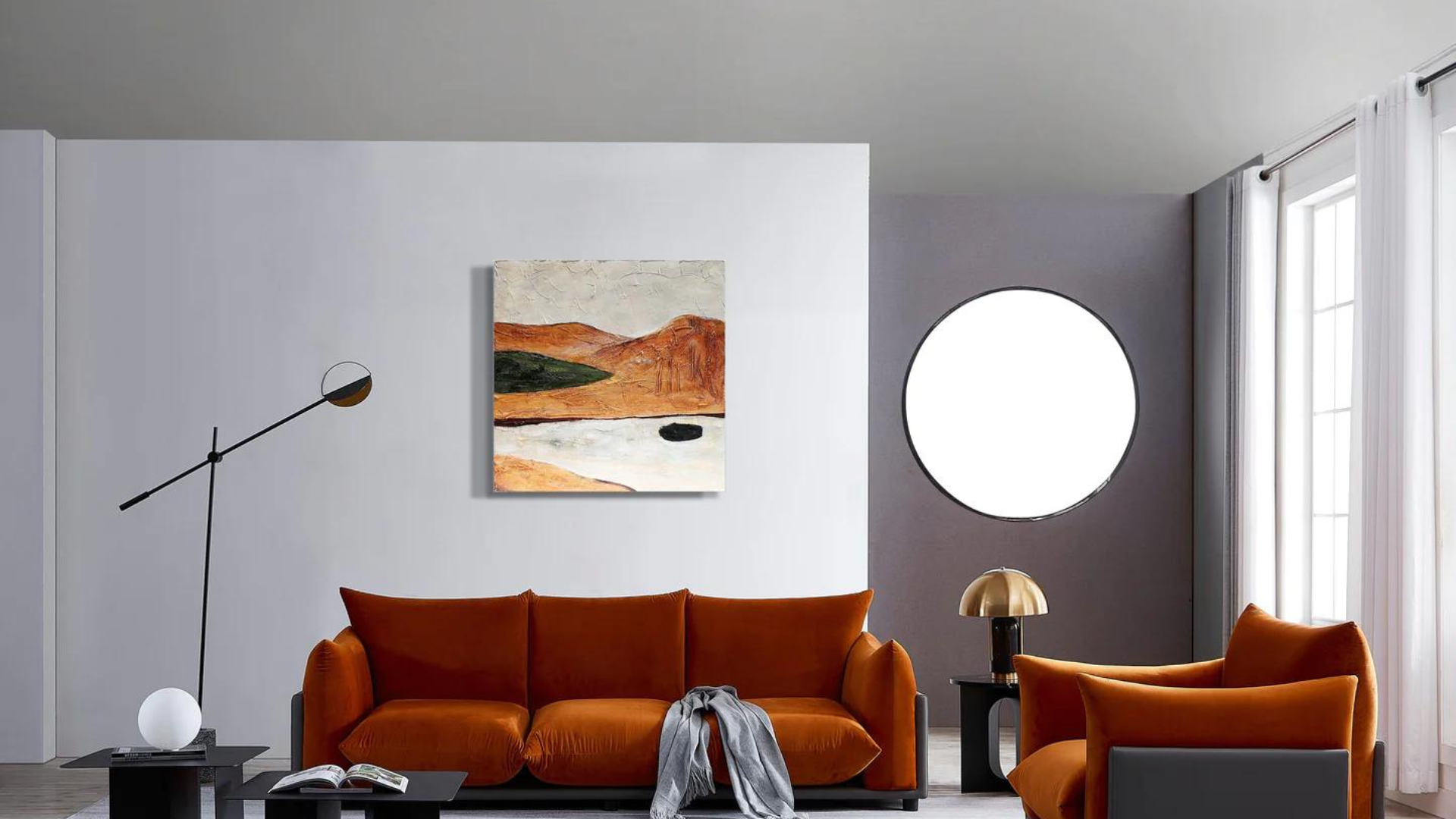 The Puff Sofa Burnt Orange Velvet in Living Room Setting