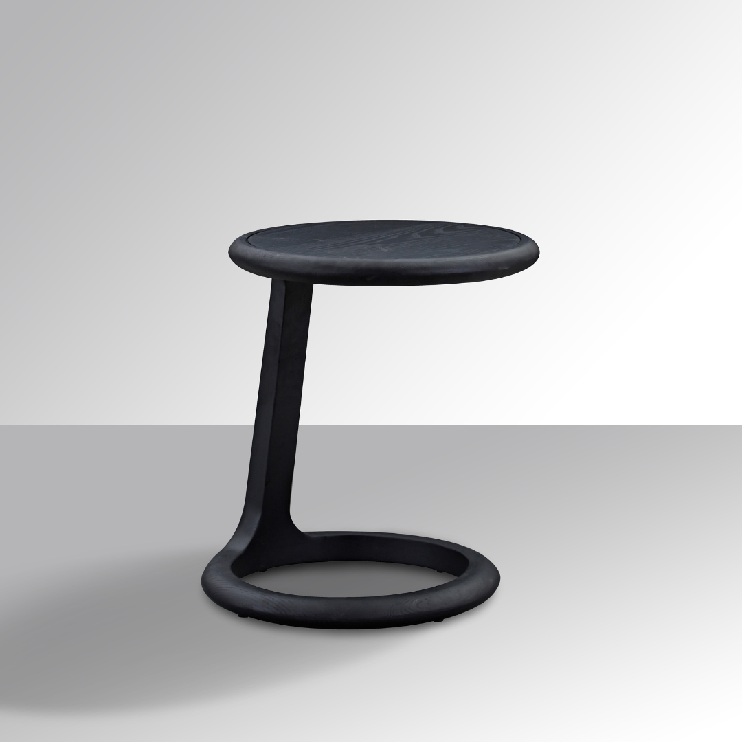 Loop Black C-Shape Timber Side Table in Grey Background