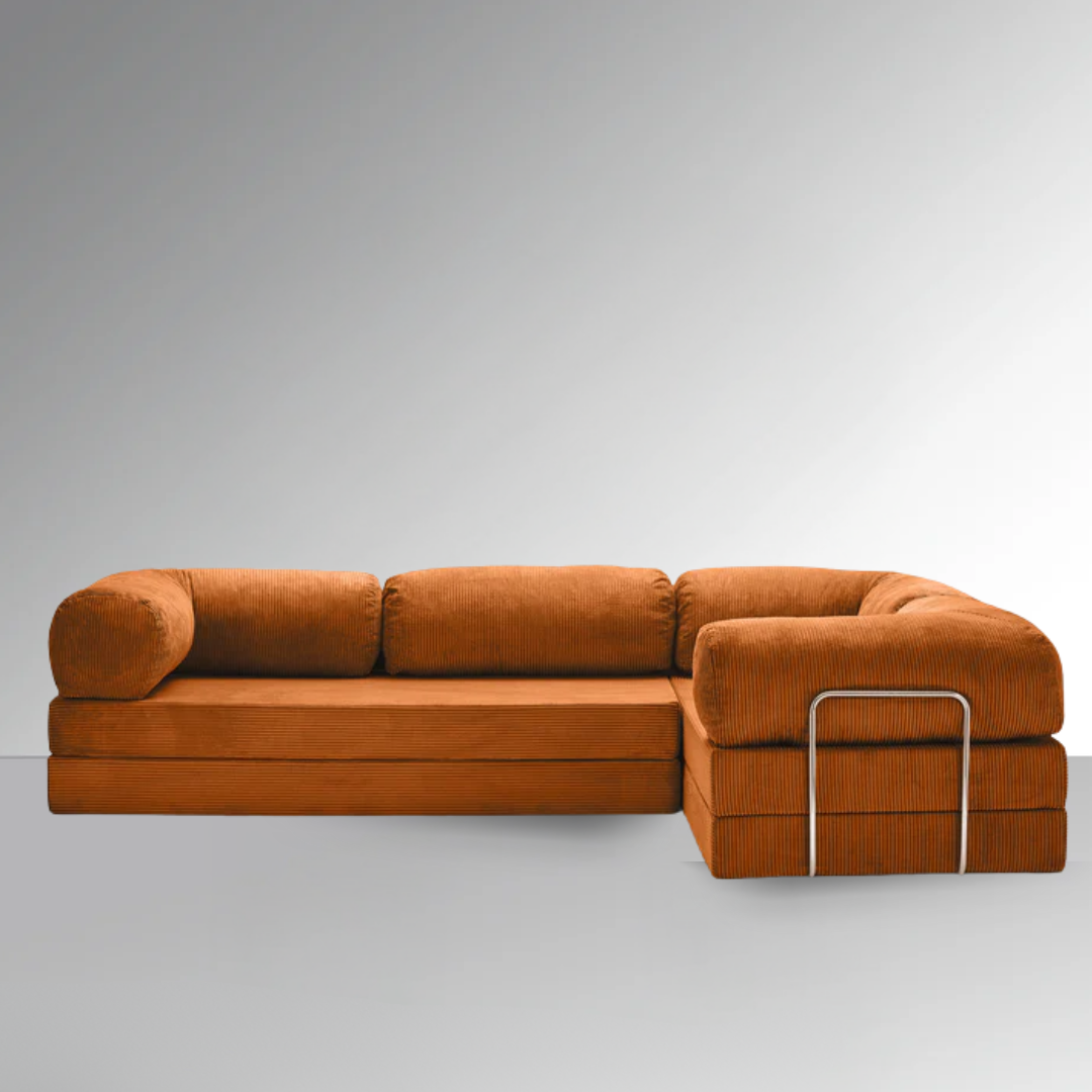 Belle Convertible L-Shaped Modular Sofa Bed - Burnt Orange Corduroy