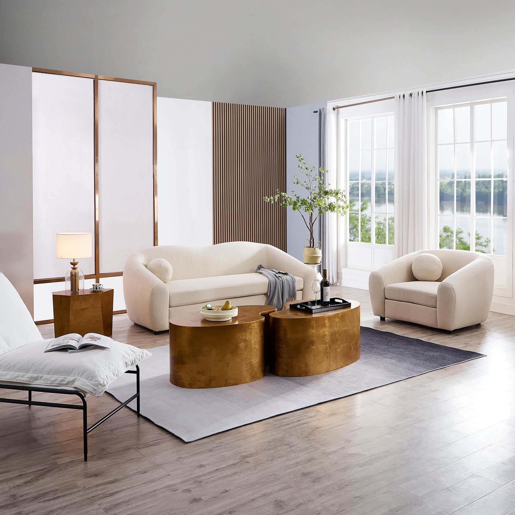 Louis Natural White Boucle Armchair and 3 Seater Sofa Side View in a Room Setting