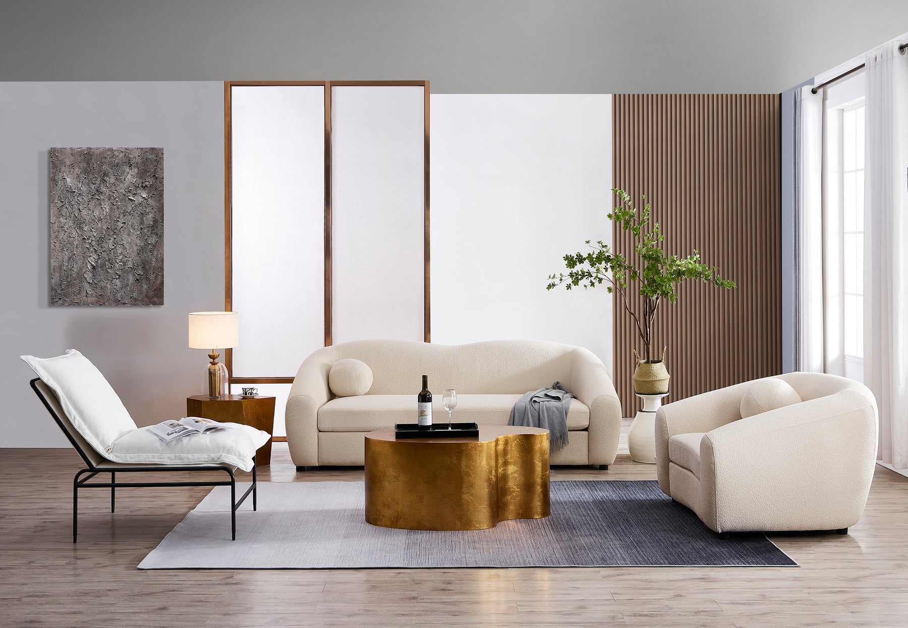 Louis Natural White Boucle Armchair and 3 Seater Sofa Front On View in a Room Setting