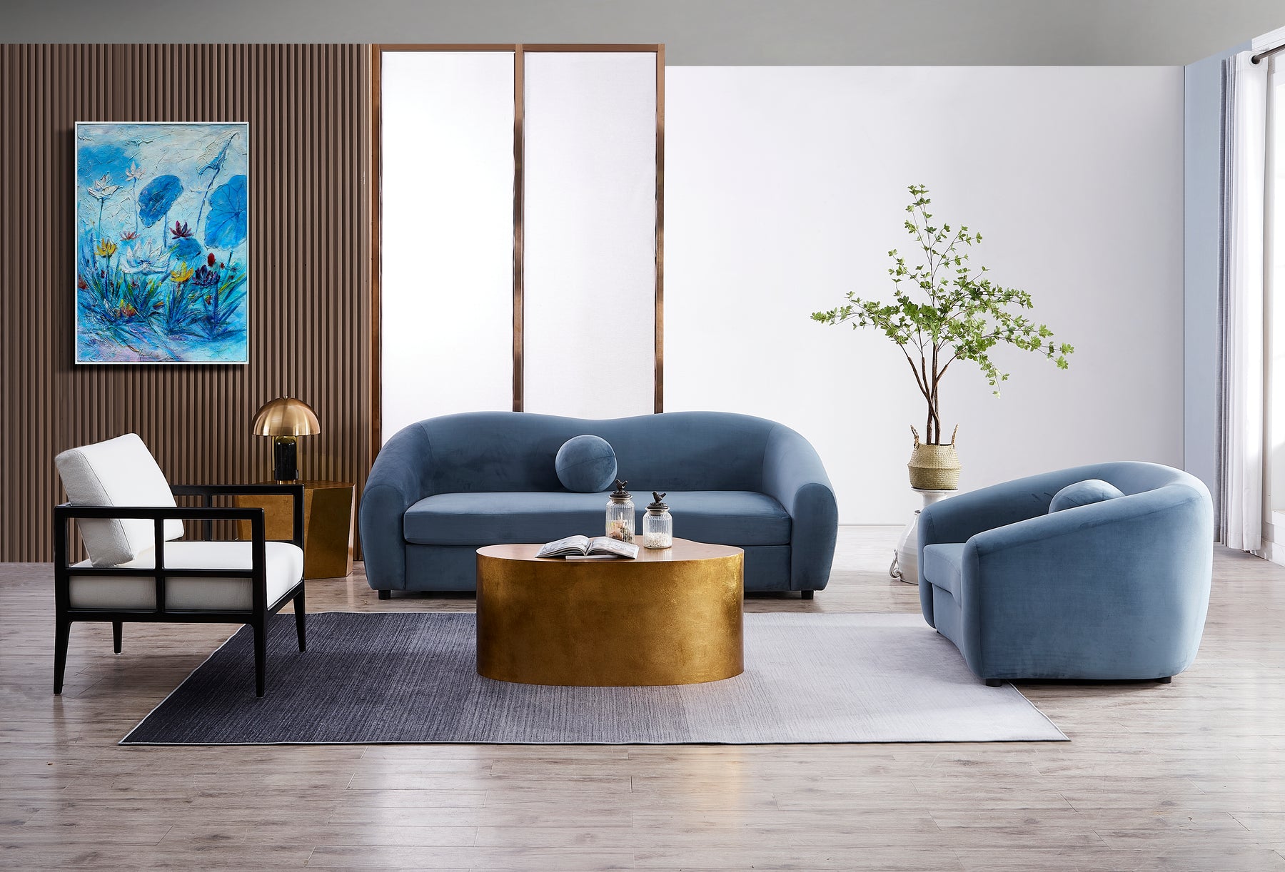 Louis Dusty Blue Velvet Armchair and 3 Seater Sofa Front On View in a Room Setting