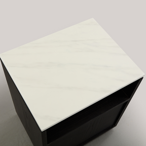 Marro Black Timber Side Table with White/Grey Marble Top Detail
