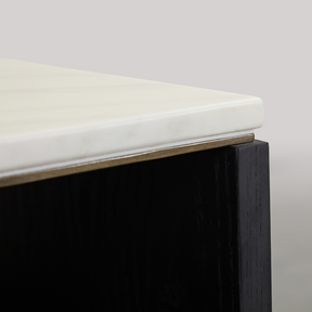 Marro Black Timber Side Table with White/Grey Marble Top Detail