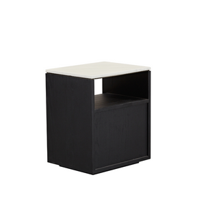 Marro Black Timber Side Table with White/Grey Marble Top in White Background