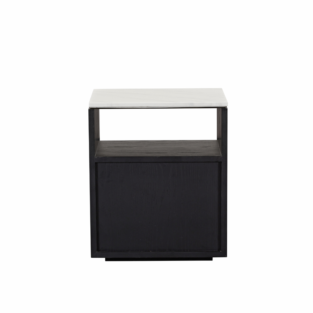 Marro Black Timber Side Table with White/Grey Marble Top in White Background