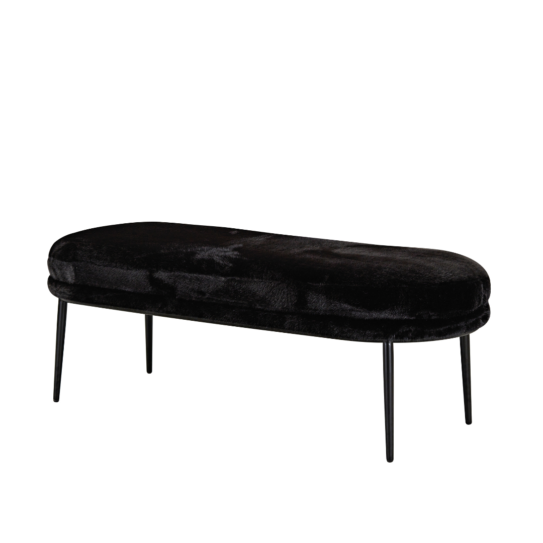 Glamour Bench Ottoman - Black Faux Fur in White Background