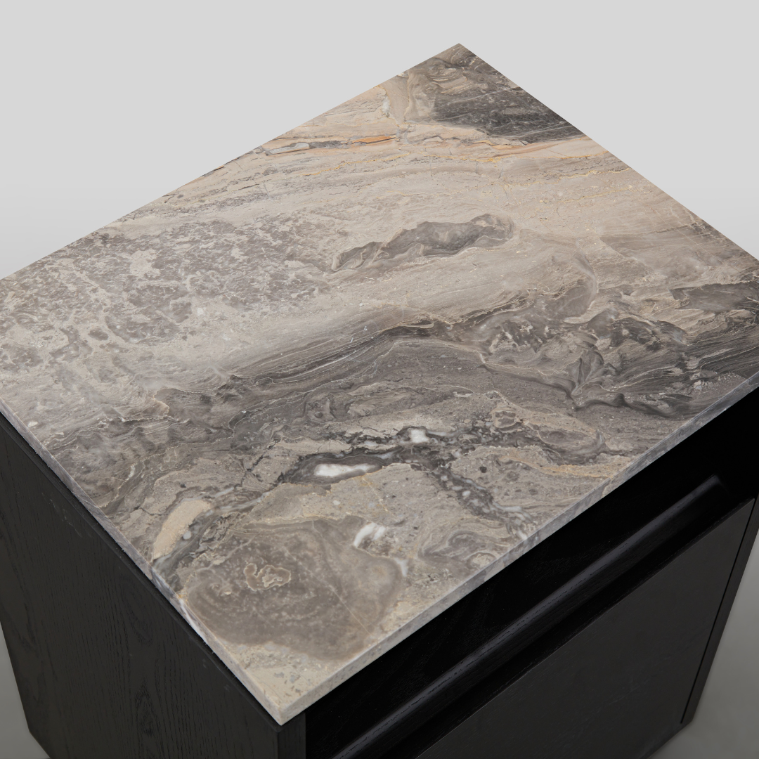 Marro Black Timber Side Table with Brown/Grey Marble Top Detail