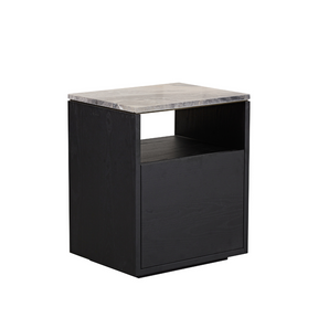Marro Black Timber Side Table with Brown/Grey Marble Top in White Background