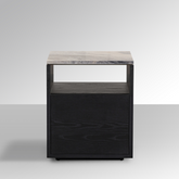 Marro Black Timber Side Table with Brown/Grey Marble Top in Grey Background