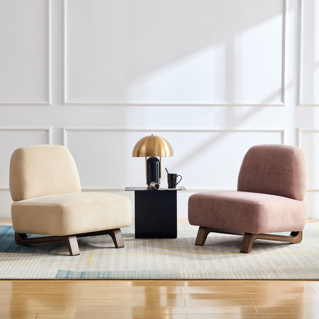 Farah Armchairs in Dusty Pink and Sand Velvet in a room setting