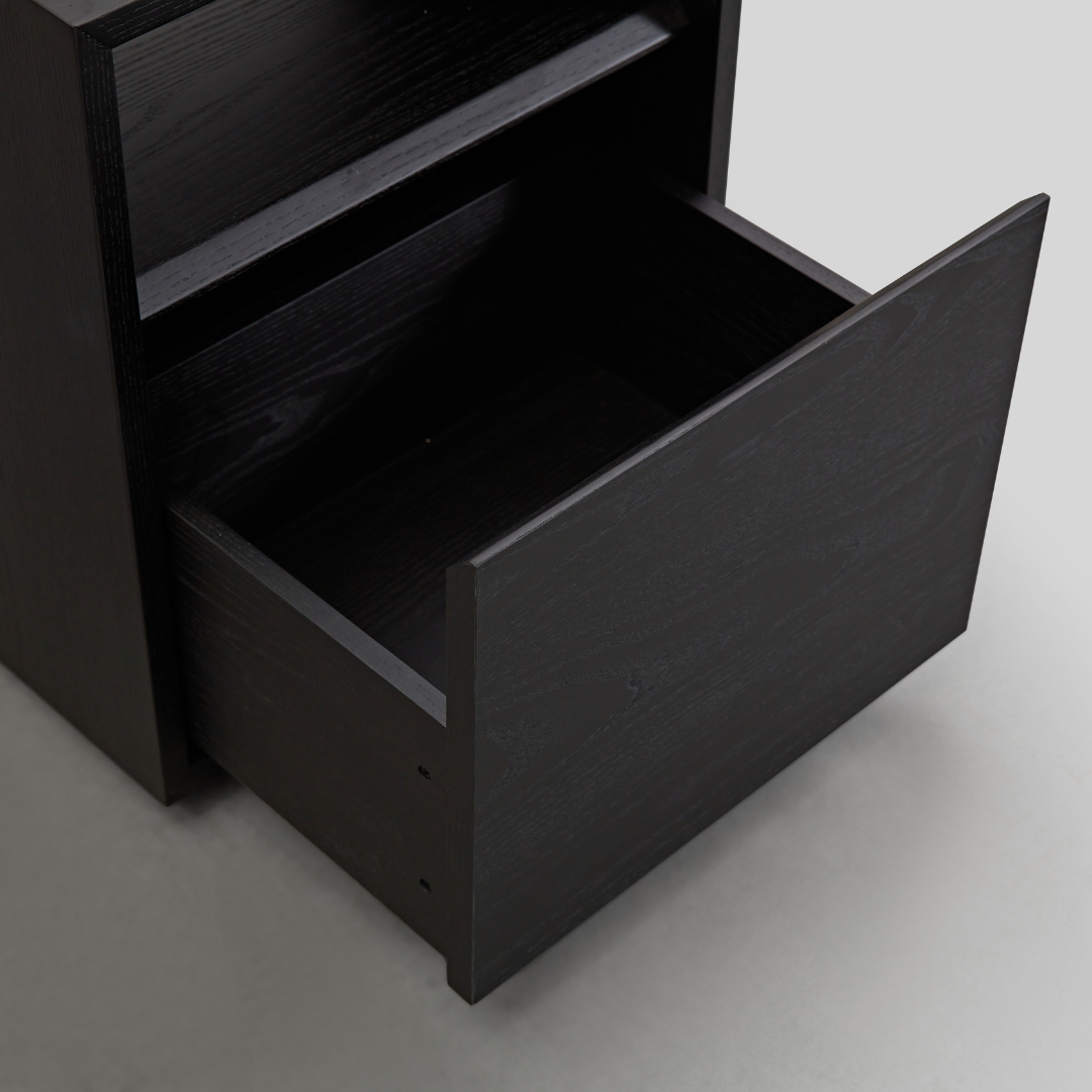 Marro Black Timber Side Table in Grey Background Open Drawer