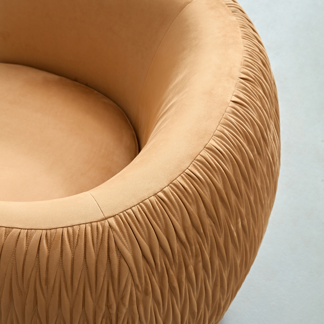 Barry Swivel Armchair with Pinch Plate - Caramel Suede Detail