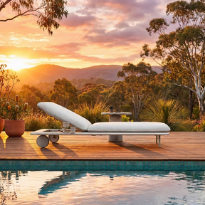 Sun Lounge with Side Table & Wheels - Grey and White