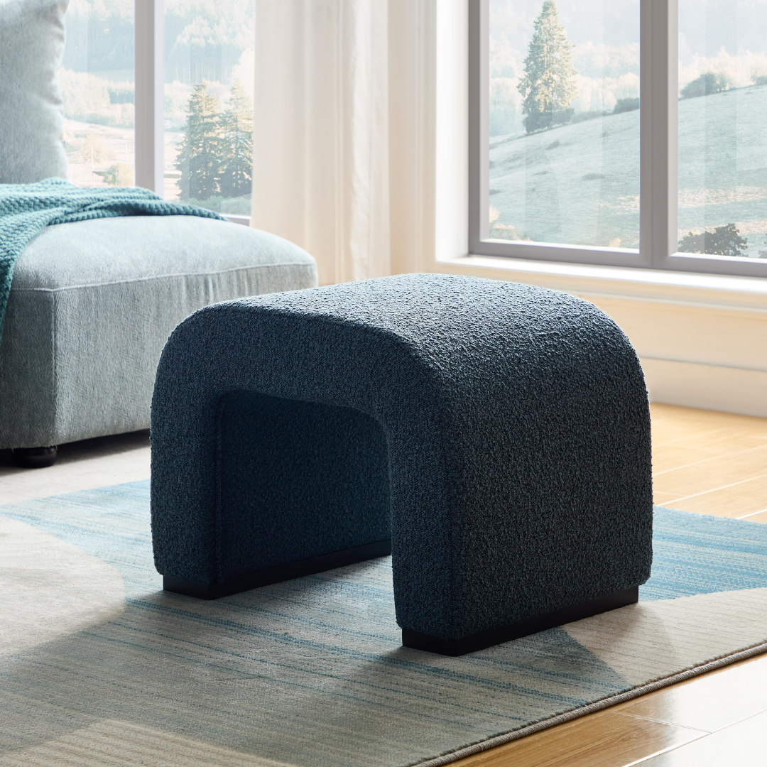 Arch Bench Ottoman Blue Boucle 60cm in a Room Setting in Side View
