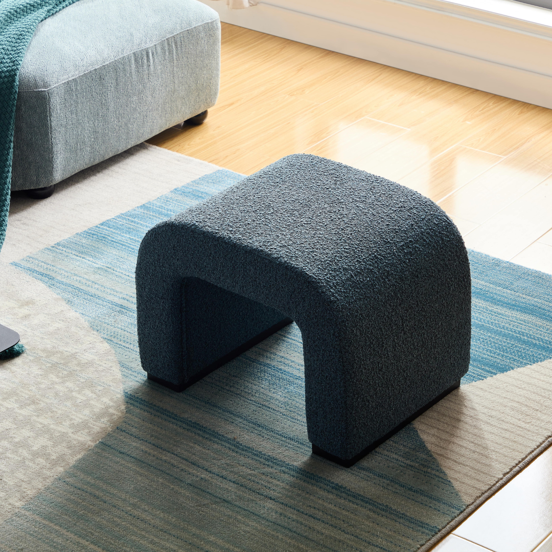 Arch Bench Ottoman Blue Boucle 60cm in a Room Setting in Top View