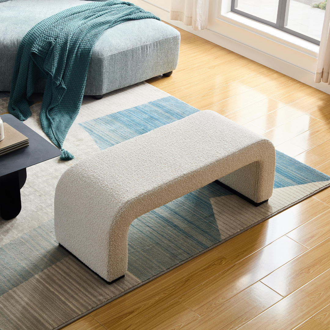 Arch Bench Ottoman Premium Ivory Boucle 60cm_120cm On Top View in a Room Setting