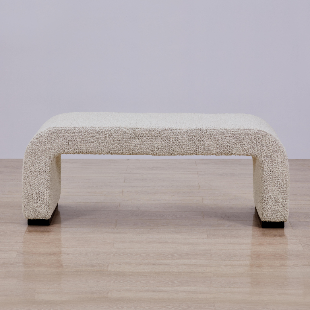 Arch Bench Ottoman - Premium Ivory Boucle Front On View in a Timber Floor Room