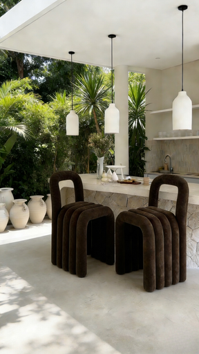 Two brown inflatable chairs on a patio with a garden view