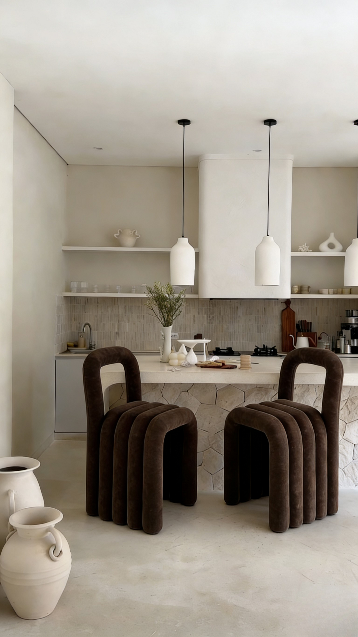 Modern kitchen with brown stools and white shelves