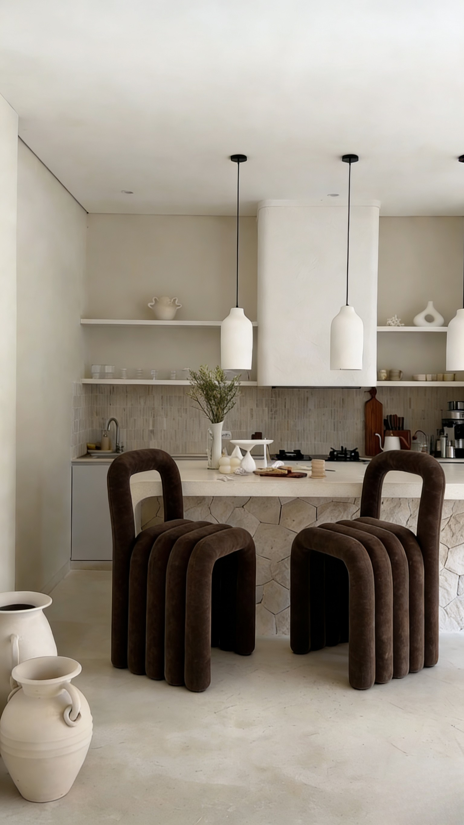 Modern kitchen with brown stools and white shelves